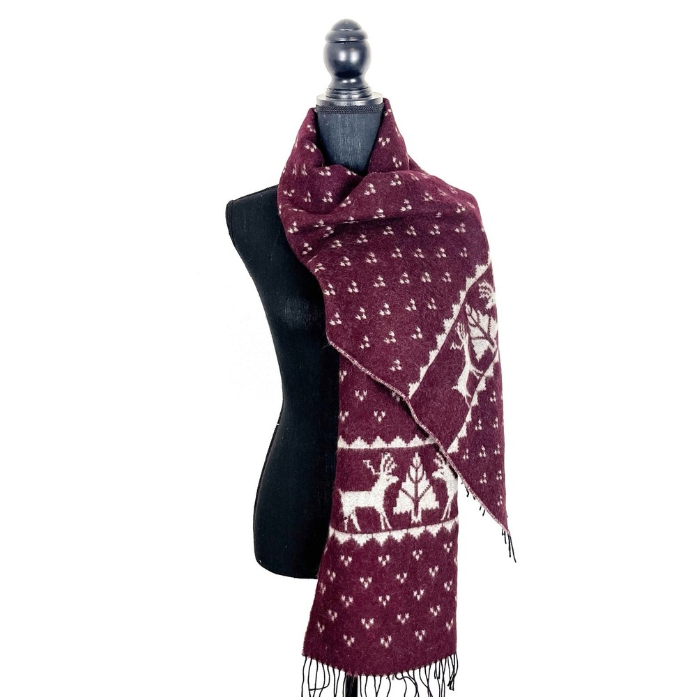 Reine Schurwolle Wool Scarf Winter Fair Isle Reindeer Fringe Burgundy & Gray